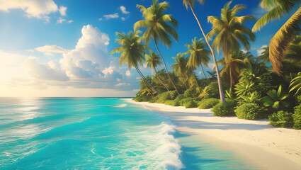 Tropical paradise beach with turquoise water and swaying palms