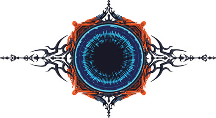 Futuristic Vector Illustration of Circular Eye with Ornate Geometric Frame in Blue and Orange in Modern Abstract Style