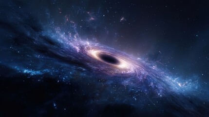 Fototapeta premium A cosmic scene featuring a black hole at the center surrounded by stars and distant galaxies, illustrating the mysterious and powerful nature of black holes in space.
