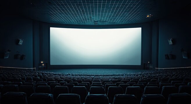 Empty, dark movie theater with a large, bright, curved screen awaiting a film