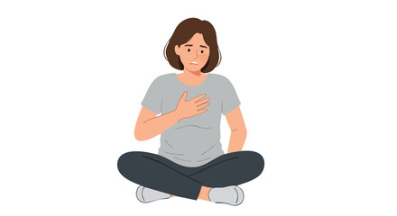 Minimalist Vector Illustration of Woman Sitting Cross Legged with Hand on Chest in Calm Style with Soft Gray and Blue Colors