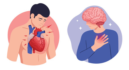 Vector Illustration of Heart and Brain Medical Concept in Modern Style with Soft Pastel Colors