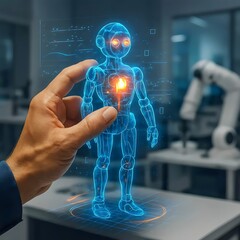 Futuristic robot hologram controlled by hand, showcasing artificial intelligence, virtual reality,...