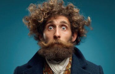 A humorous man with curly hair and a beard shows a shocked expression, vintage style, set against a blue background.