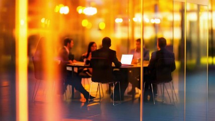 Business team in meeting behind glass wall at dusk animation video. Group of professionals engaged at sunset animated footage clip seamless HD motion. Corporate boardroom concept - Powered by Adobe