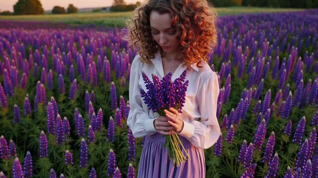 A Serene Arafa Woman Amongst Blossoming Purple Field of Lupines at Sunset, Capturing Tranquility and Grace Ideal for Relaxationfocused Projects.