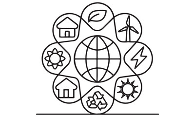 Obraz premium Global Eco Energy Icons Sustainability, Solar, Wind, Recycle, and Green Home Vector Set