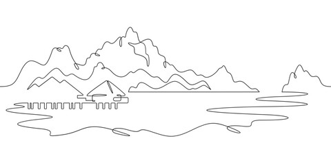 Continuous one line drawing Tropical island. Bungalow. Vacation. One continuous line isolated minimal illustration.Not AI.
