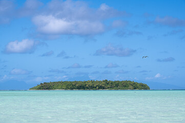 Atoll in a lagoon with Moorea island in the background,