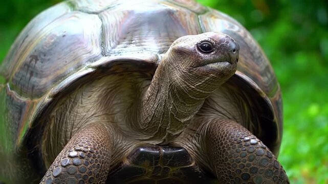 Close-up of a large tortoise in its natural habitat, featuring its textured shell and ancient appearance.