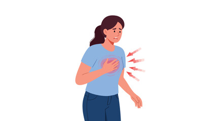 Vector Illustration of Woman with Chest Pain and Radiating Arrows in Modern Flat Style