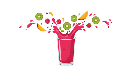 Vector Illustration of Fruit Juice Splash with Kiwi Raspberries Mango in Modern Minimalist Style