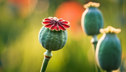 isolated poppy seed pod with red cap and green tones close up view highlighting natural beauty and textures
