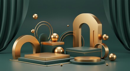 Luxurious Emerald and Gold Geometric Stage with Arches, Spheres, and Podiums