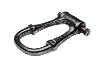 Dark, heavy metal clasp,  U-shaped,  ornate details,  industrial design