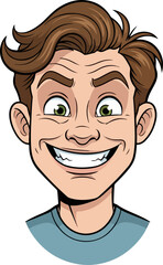 Obraz premium Vector art of cartoon illustration of a mans happy face with brown hair, isolated on white background