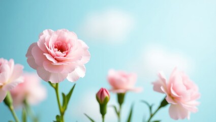 Delicate Pink Carnations Bloom Against a Serene Blue Sky with Fluffy White Clouds