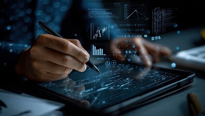 Close-up of hands using tablet with data visualizations
