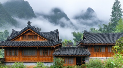 Fototapeta premium Top-down landscape of layered green mountains fading into a thick, dreamy fog