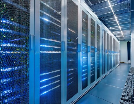 row of powerful white servers with blinking blue led lights humming in a modern data center with cable organizers and ventilation systems