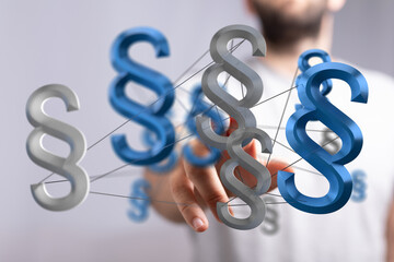 Abstract image of interconnected paragraph symbols representing legal concepts, justice, and compliance.