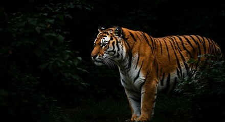 Fototapeta premium Majestic Tiger Illuminated, Standing Alert in a Dark Forest