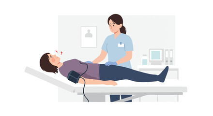 Vector Illustration of Medical Examination Scene with Female Nurse and Patient in Modern Minimalist Style Featuring Healthcare Environment in Soft Blue and Gray Colors