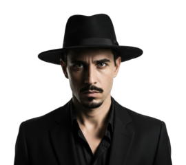 Young hispanic male in black suit and hat with intense stare against dark. Cut out PNG