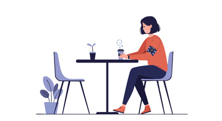 Minimalist Vector Illustration of Woman Drinking Coffee with Plants in Modern Casual Style in Warm Color Palette