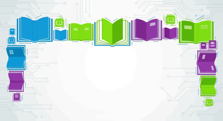 Colorful book icons forming a digital frame with circuit board background design