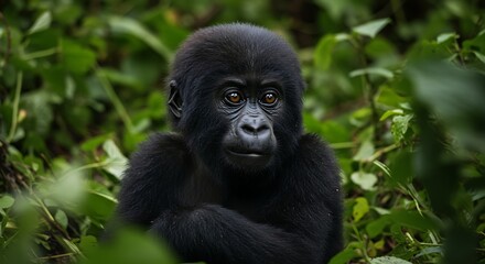 Obraz premium Pensive Young Gorilla with Soulful Amber Eyes Amidst Lush Foliage