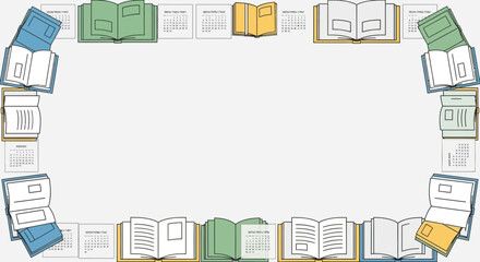 Colorful books and calendars arranged in a frame with central copy space represents education