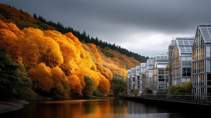Vibrant autumn leaves reflect in tranquil waters beside modern glass buildings against a dramatic cloudy sky in a scenic natural setting