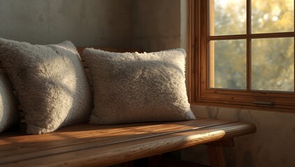 Cozy cushions bathed in warm sunlight by a rustic window