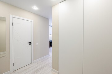bright hallway with a white geometric door, light wood floors, and a built-in white wardrobe