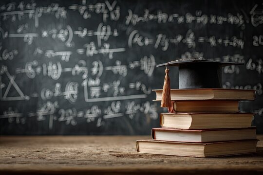 Stack of books with graduation cap on a wooden table in front of a chalkboard filled with equations (1)