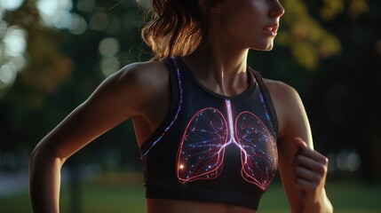 Golden Hour Jog with Luminous Lung Bio-Feedback on High-Tech Sportswear.