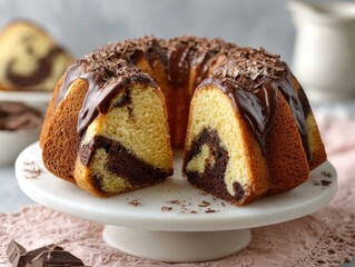 Sliced Chocolate Swirl Bundt Cake on Stand