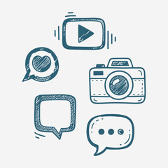 A set of Social media and network sketch symbols, digital marketing, and blogging.