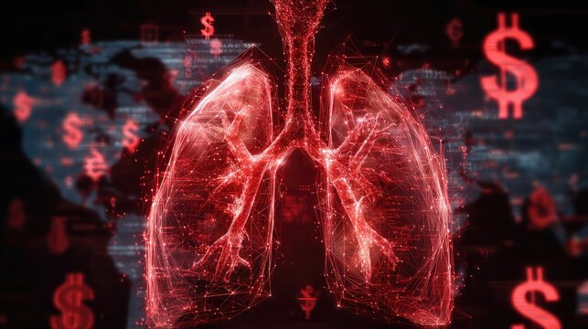 The Global Cost of Health: Glowing Red Plexus Lungs and Financial Data. - Powered by Adobe