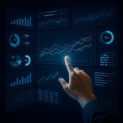 A hand interacts with a futuristic screen displaying data analysis, charts, and graphs, representing business, finance, and technology trends and insights
