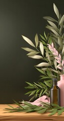 Botanical still life with muted colors and wooden surface