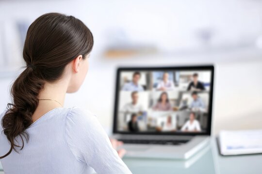 Woman in light-blue shirt, rear view,  watching video conference on laptop - Powered by Adobe