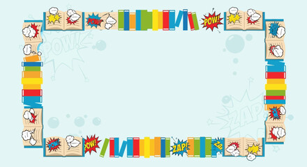 Comic book themed frame with colorful books and action word elements creating a fun border