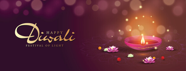 Happy Diwali Poster with Diya Lamp and Mandala pattern. Indian festival of lights Design with blur and bokeh on purple background. Suitable for Greeting Card, Banner, Flyer, Template.