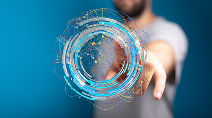 Stock photo of a person interacting with a holographic digital interface.  Perfect for tech, innovation, and futuristic concepts.