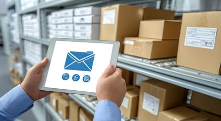 Hands holding tablet displaying email icon over warehouse shelves