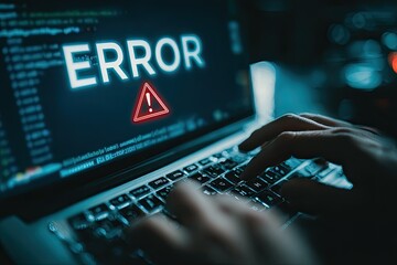 A laptop screen displays an error message with a warning symbol, while a person types on the keyboard
