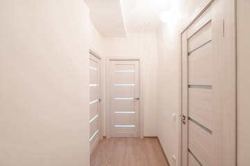 bright hallway with light beige walls, wooden floor, and three modern doors featuring glass inserts. A ceiling light provides illumination