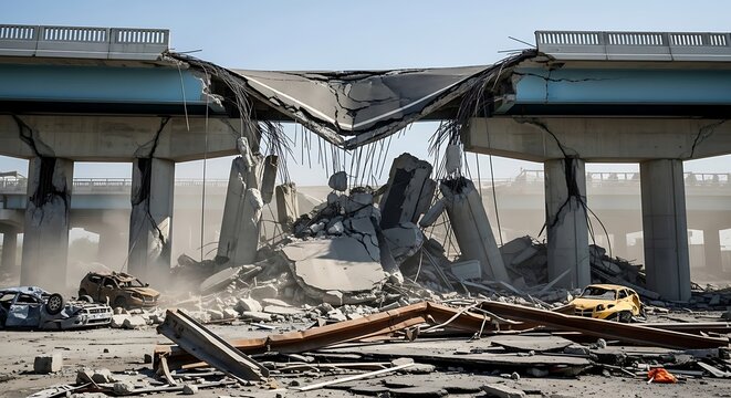 Collapsed highway bridge with concrete rubble and wrecked cars